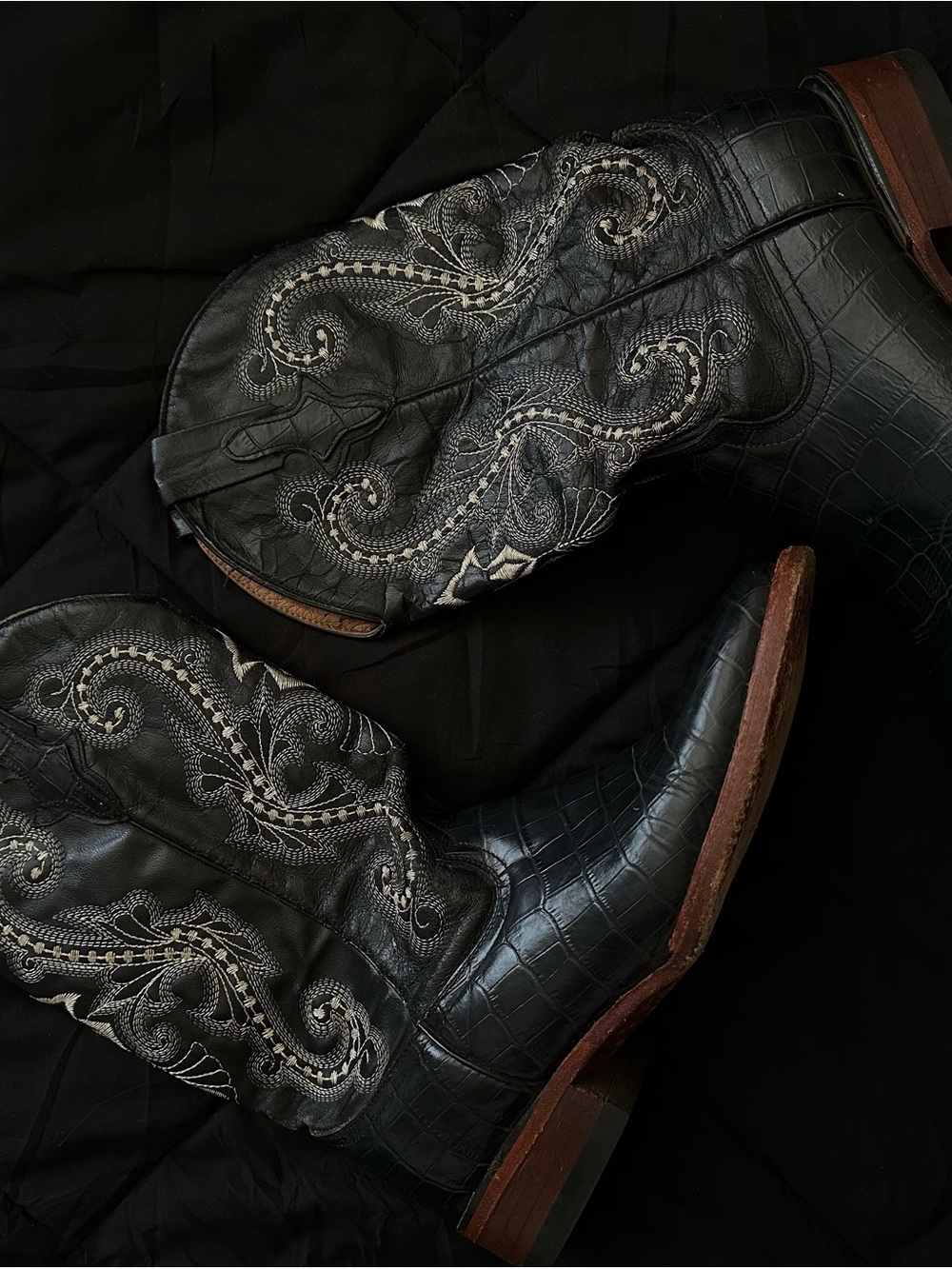 Ferrini Black Croc-Embossed Western Heeled Boots with White Stitching